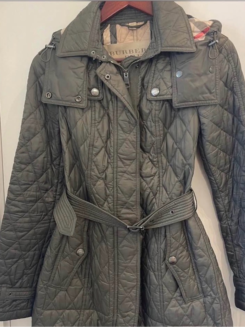 Burberry Quilted Olive Belted Trench Coat